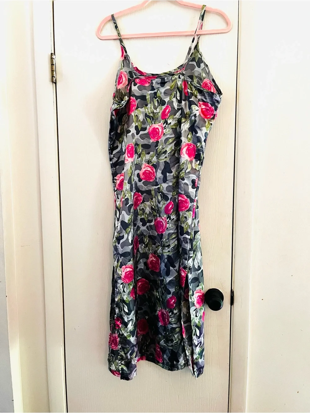 VTG 90s Silky Satin Camouflage Floral Cottagecore Beach Slip Dress Nightgown L - Picture 4 of 5